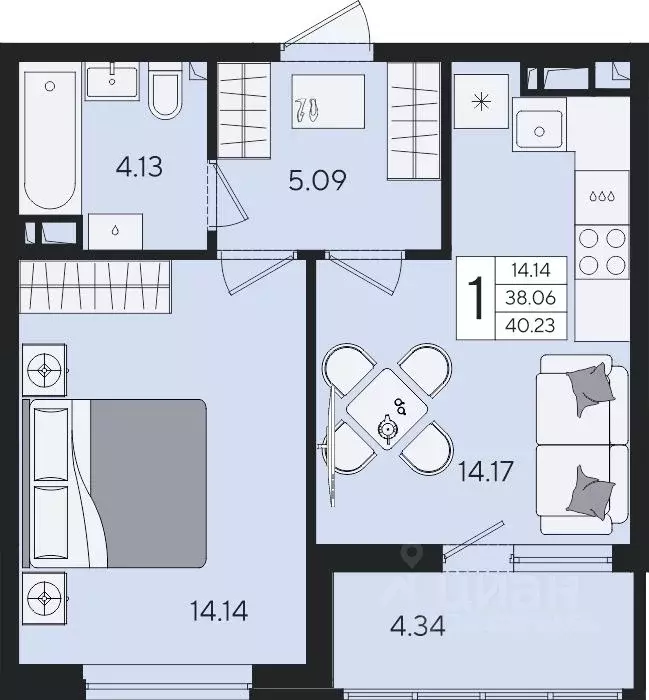 1-к кв. Краснодарский край, Краснодар  (40.23 м) - Фото 2