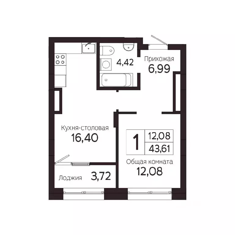 1-к кв. Томская область, Томск Комсомольский просп., 48Б (43.61 м) - Фото 0