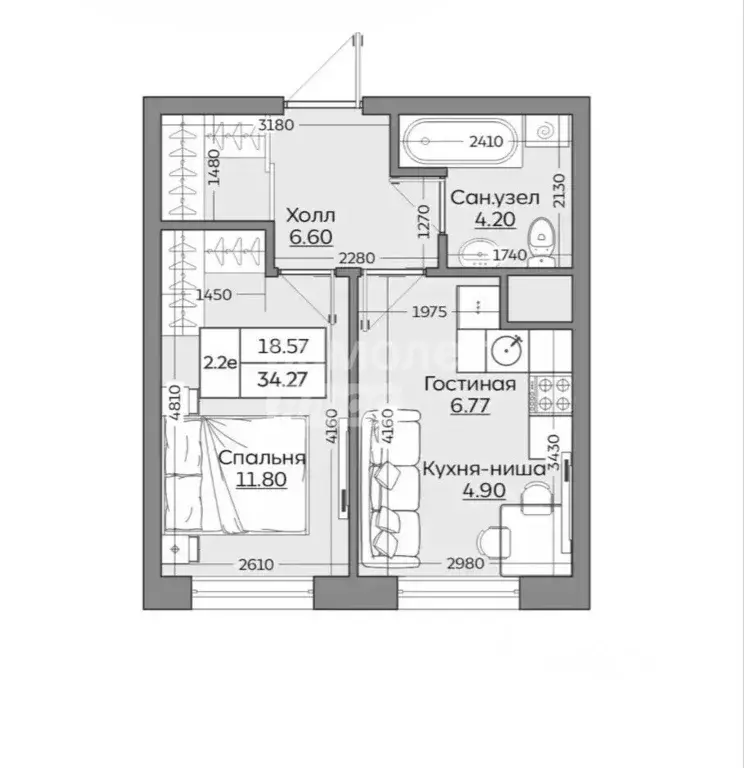 2-к кв. Татарстан, Казань ул. Братьев Батталовых, 20А (34.27 м) - Фото 1
