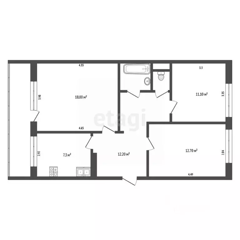 3-к кв. Вологодская область, Череповец Октябрьский просп., 77В (68.7 ... - Фото 2