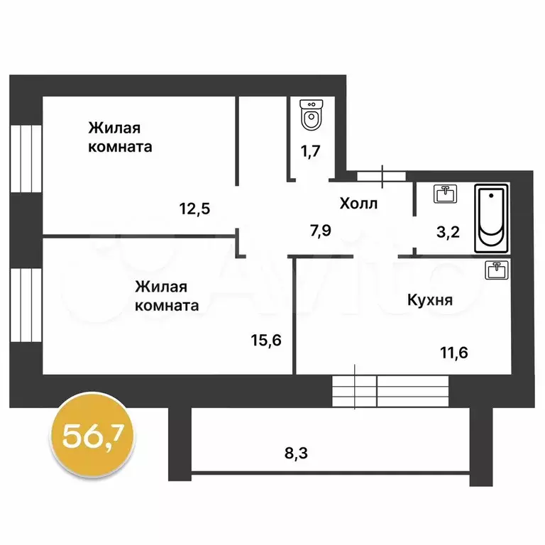 2-к. квартира, 56,7 м, 6/10 эт. - Фото 0