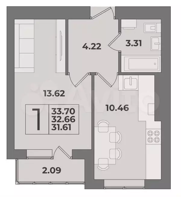 1-к. квартира, 32,7 м, 8/9 эт. - Фото 1
