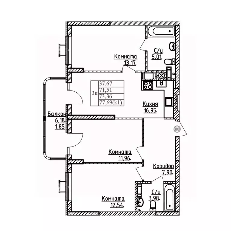 3-к кв. Калининградская область, Калининград ул. Дубовая Аллея (73.36 ... - Фото 1