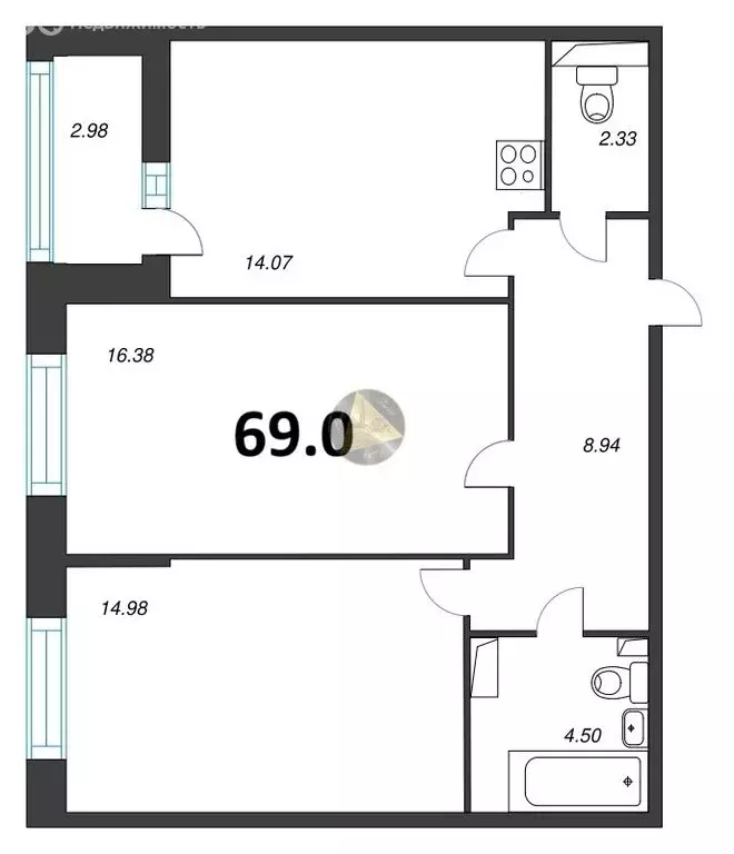 2-комнатная квартира: Санкт-Петербург, Среднерогатская улица, 13к1 (69 ... - Фото 1