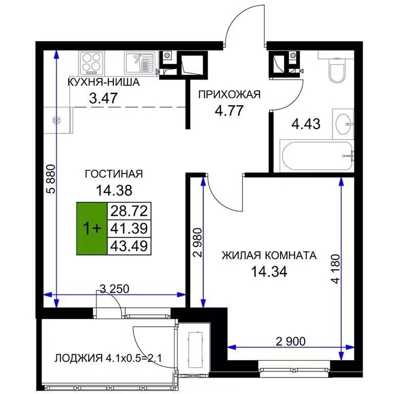 1-комнатная квартира: Краснодар (43.49 м) - Фото 0