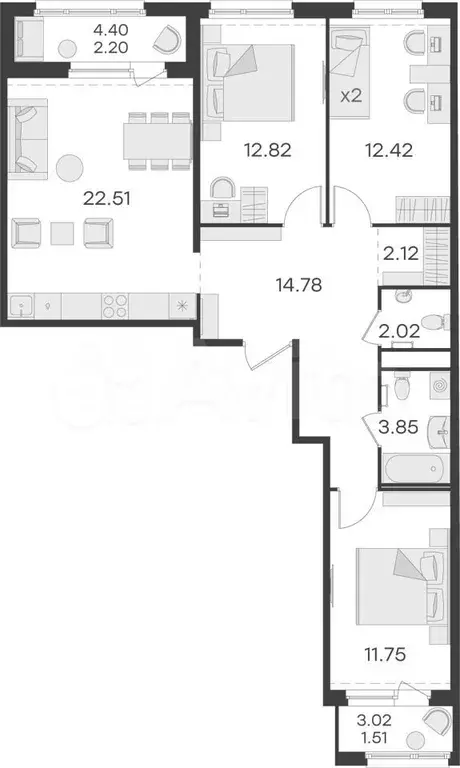 3-к. квартира, 86м, 5/15эт. - Фото 0