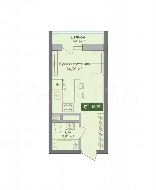 Квартира-студия, 18,2 м, 5/10 эт. - Фото 1