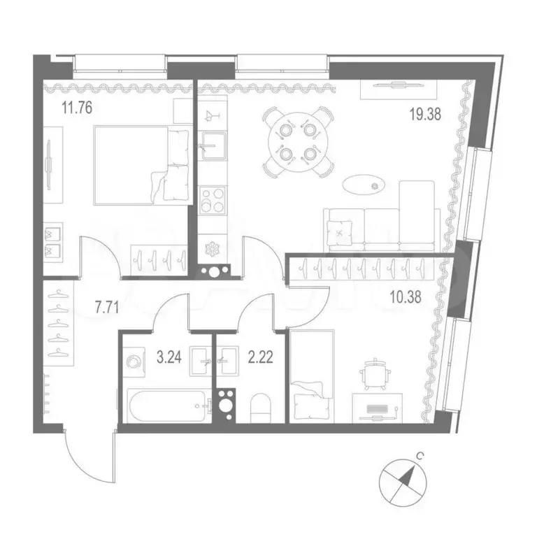 2-к. квартира, 54,7 м, 5/11 эт. - Фото 0