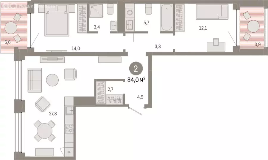 2-комнатная квартира: Тюмень, улица Муравленко, 9/2 (84.01 м) - Фото 1