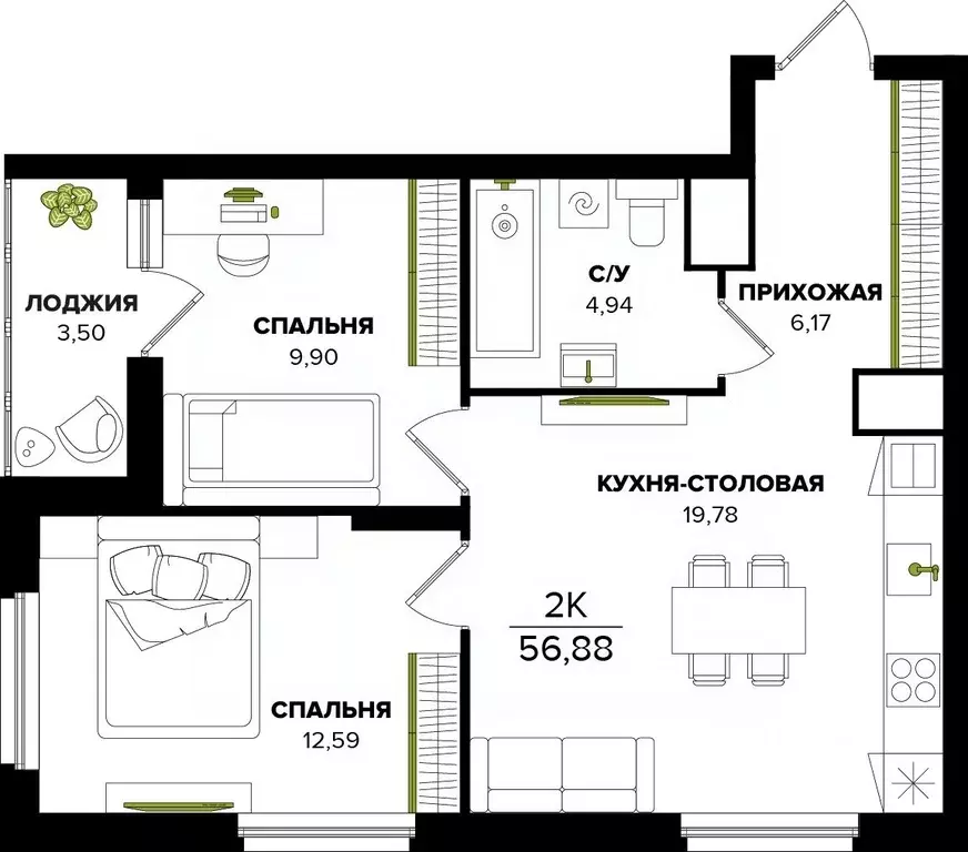 2-к кв. Тульская область, Тула ул. Академика Насоновой, 25 (56.88 м) - Фото 1