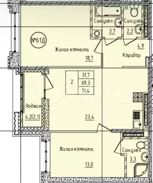 2-к. квартира, 71,4 м, 14/16 эт. - Фото 0