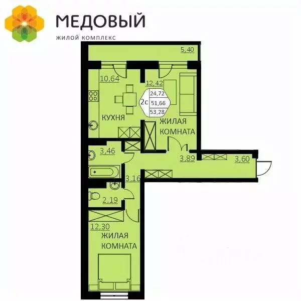 2-к кв. Пермский край, д. Кондратово ул. Г.Н. Нифантова, 4А (51.6 м) - Фото 0