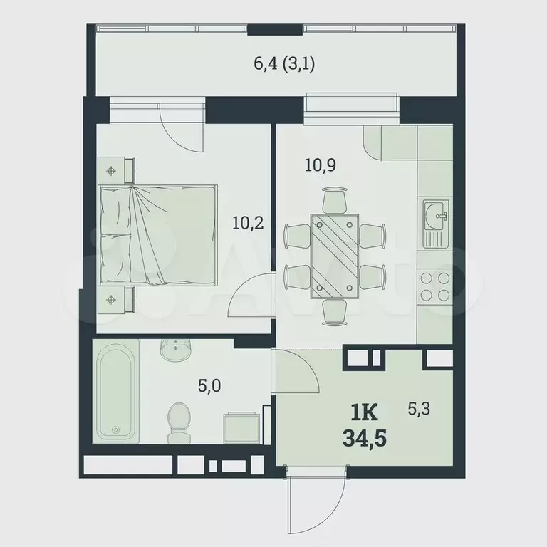 1-к. квартира, 34,5 м, 3/8 эт. - Фото 0