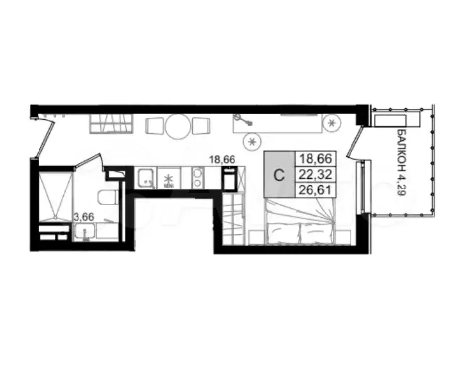 Апартаменты-студия, 26,6 м, 8/8 эт. - Фото 1