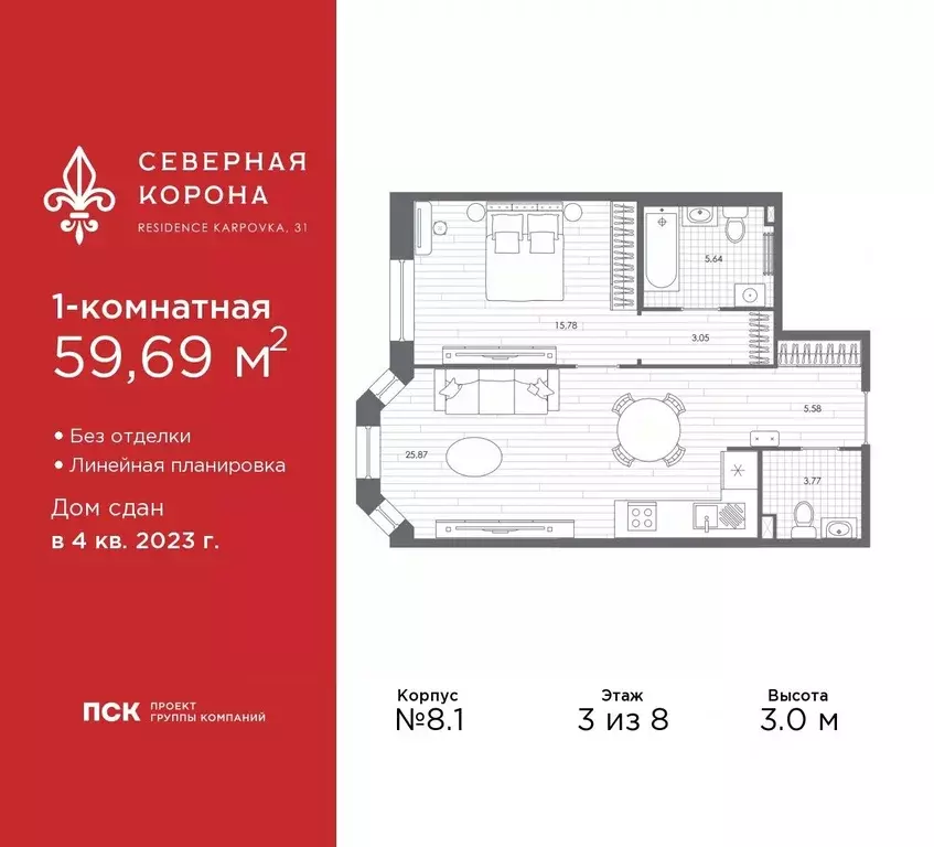 1-к кв. Санкт-Петербург наб. Реки Карповки, 31к1 (59.69 м) - Фото 0