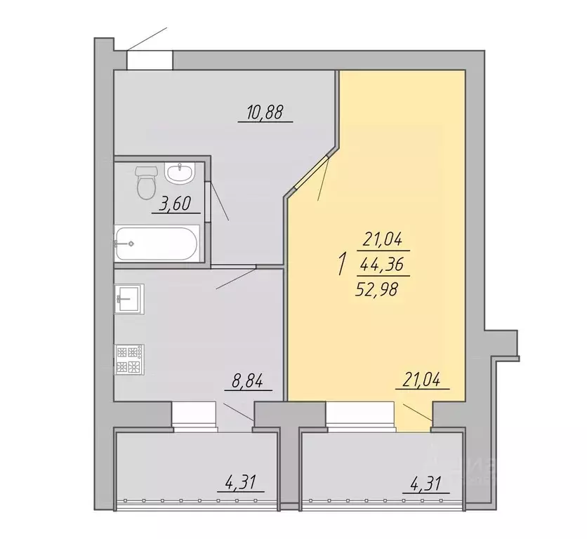 1-к кв. Тверская область, Тверь Озерная ул. (52.98 м) - Фото 0