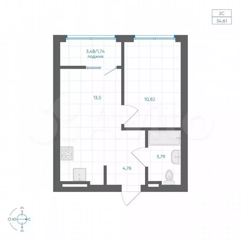 1-к. квартира, 34,6 м, 7/9 эт. - Фото 1