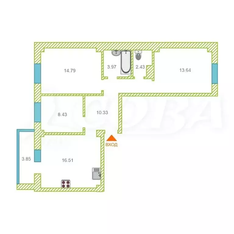 3-комнатная квартира: Тюмень, улица Николая Никитина, 4 (70 м) - Фото 2