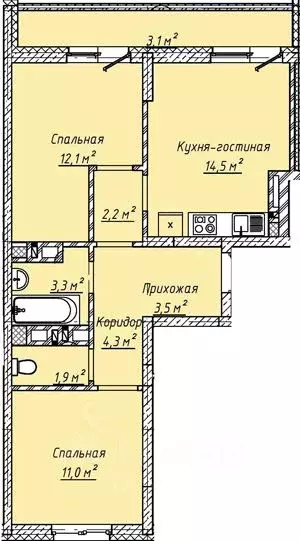 2-к кв. Оренбургская область, Оренбург Гранд Парк жилой комплекс (55.9 ... - Фото 1