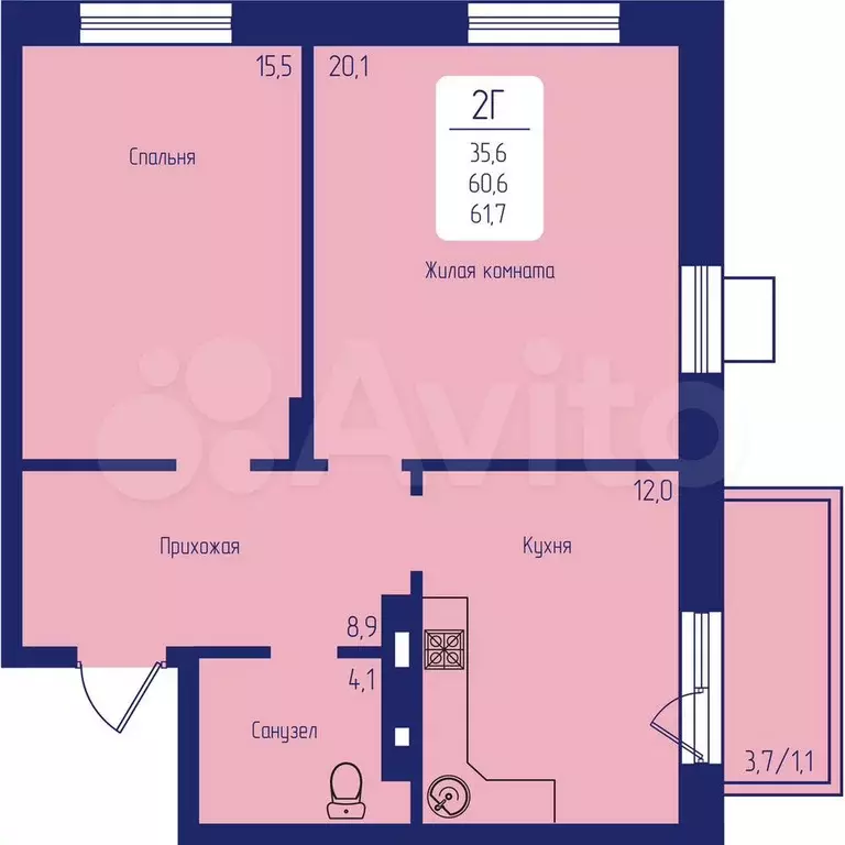 2-к. квартира, 61,7 м, 12/26 эт. - Фото 0