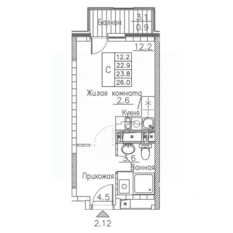 1-к кв. Приморский край, Владивосток ул. Расула Гамзатова, 7к1 (26.0 ... - Фото 1