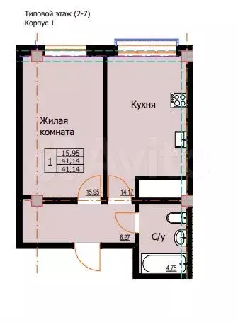 1-к. квартира, 41,1 м, 2/8 эт. - Фото 1