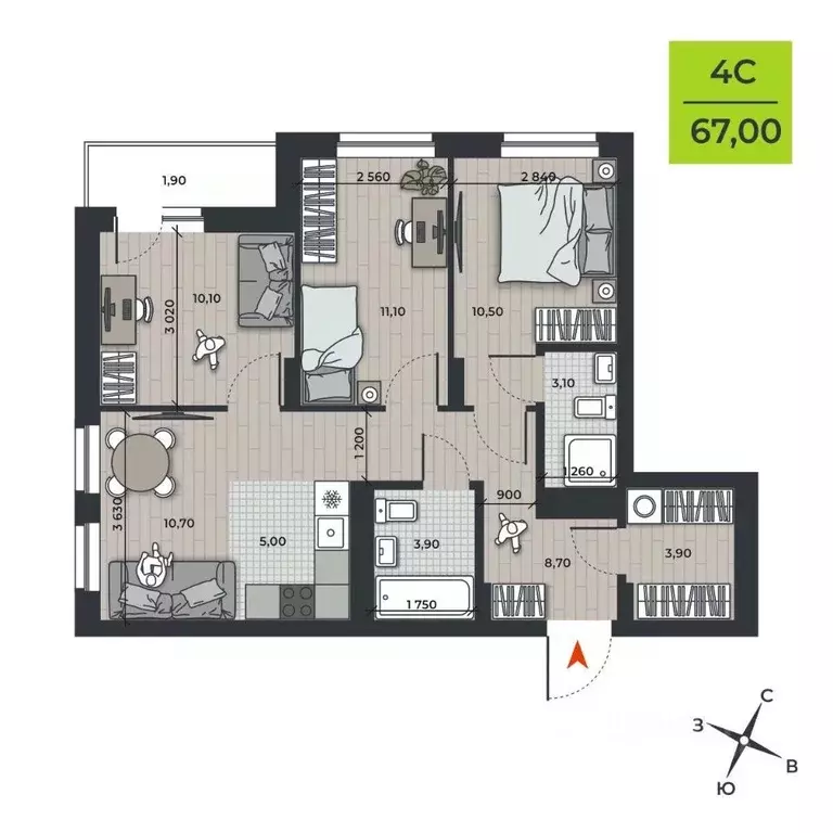 4-к кв. Новосибирская область, Новосибирск ДНК жилой комплекс (69.0 м) - Фото 2