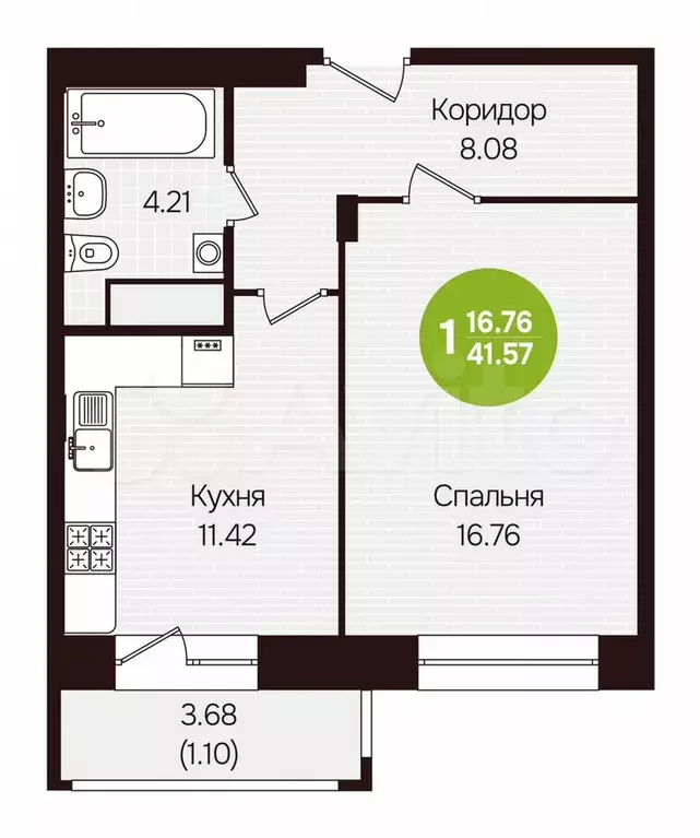 1-к. квартира, 41,6 м, 11/12 эт. - Фото 0
