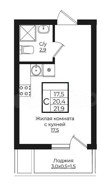Квартира-студия, 21,9 м, 2/9 эт. - Фото 1