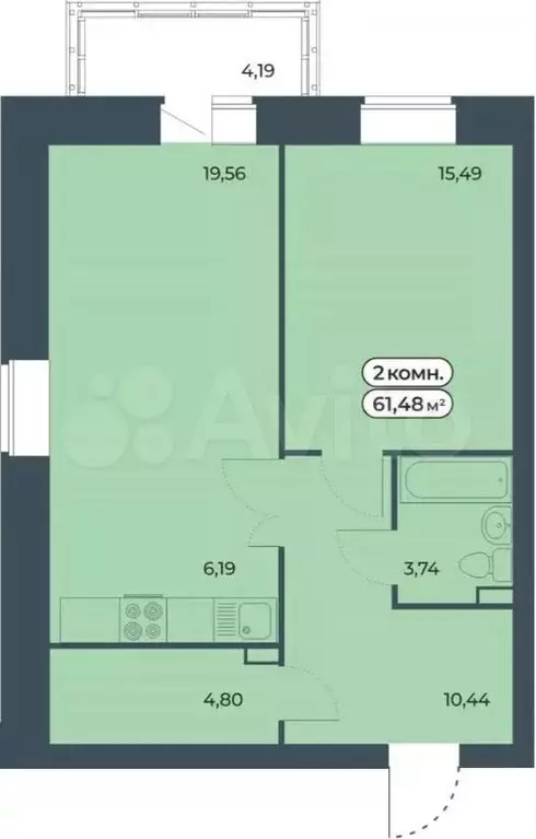 2-к. квартира, 61,5м, 2/9эт. - Фото 0