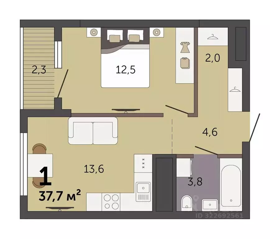 1-к кв. Свердловская область, Екатеринбург Южный жилрайон,  (37.7 м) - Фото 2