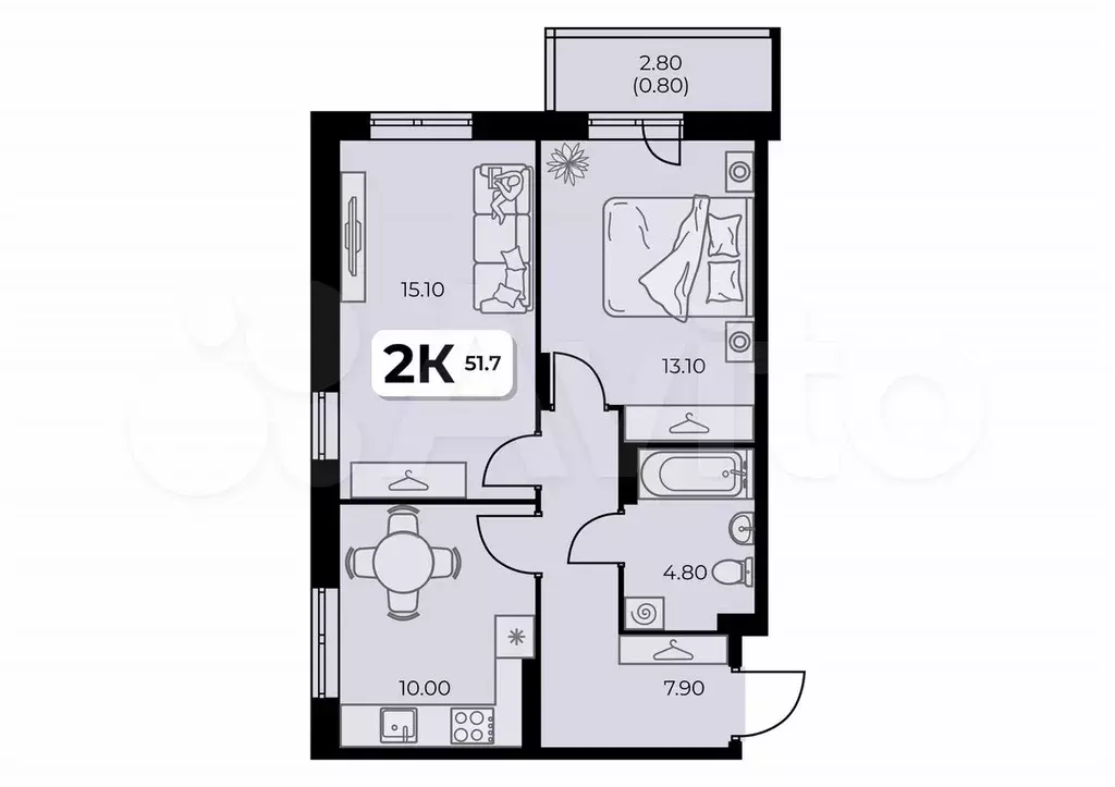 2-к. квартира, 51,7 м, 4/8 эт. - Фото 0