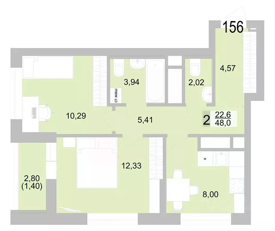 2-к кв. Свердловская область, Екатеринбург ул. Черкасская, 5к1 (49.36 ... - Фото 1