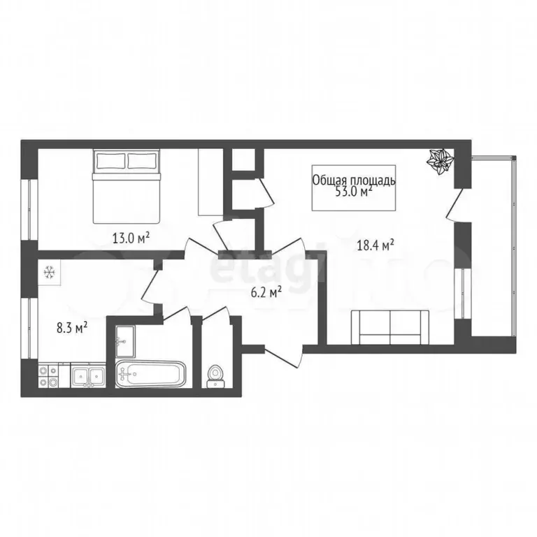 2-к. квартира, 53 м, 5/5 эт. - Фото 1
