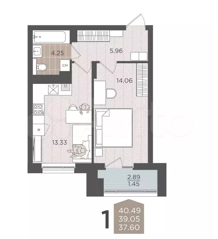 1-к. квартира, 39 м, 8/9 эт. - Фото 1