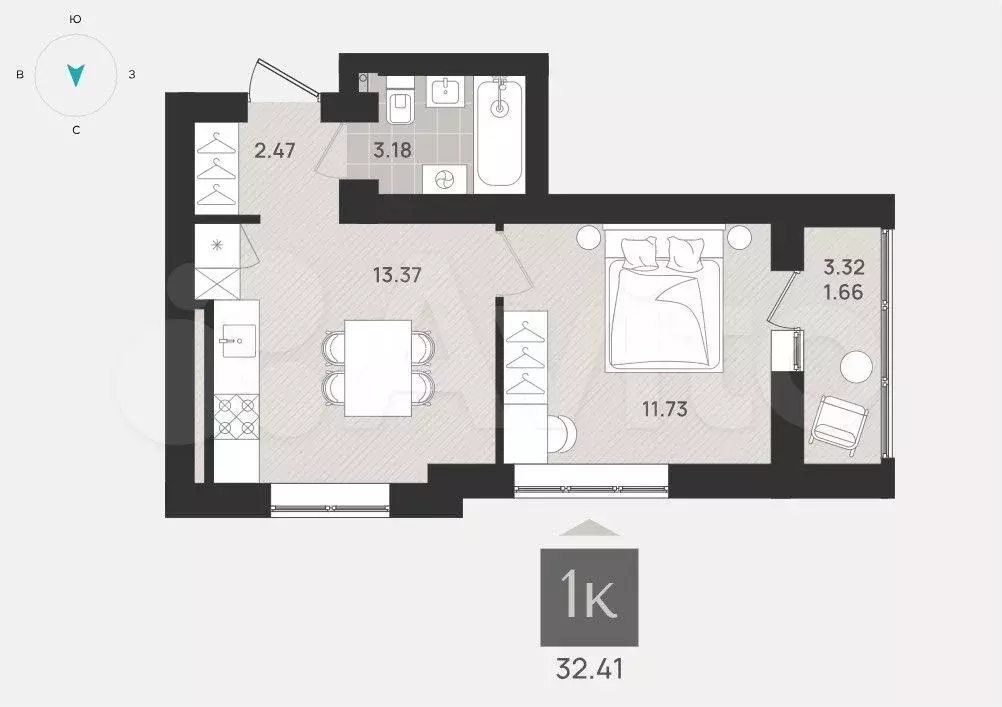 1-к. квартира, 32,4 м, 8/9 эт. - Фото 1