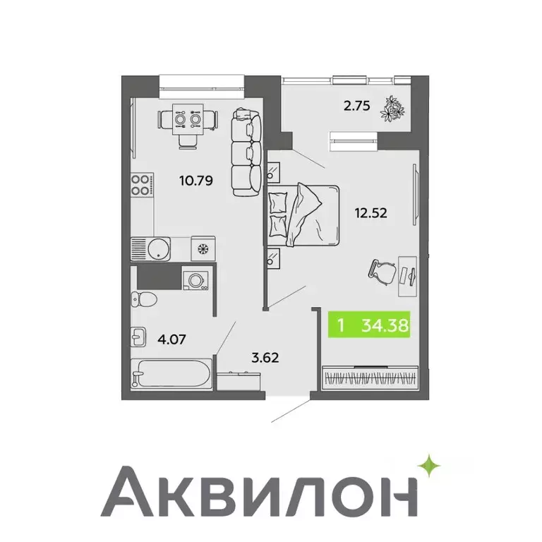 1-к кв. Архангельская область, Архангельск проезд Приорова, 4с1 (34.38 ... - Фото 0