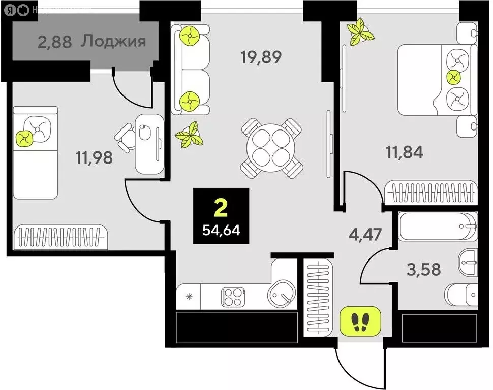 2-комнатная квартира: Тюмень, жилой комплекс Мотивы (54.64 м) - Фото 0