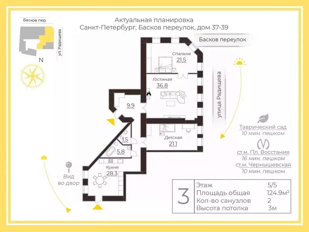 3-к кв. Санкт-Петербург пер. Басков, 37-39 (124.9 м) - Фото 2