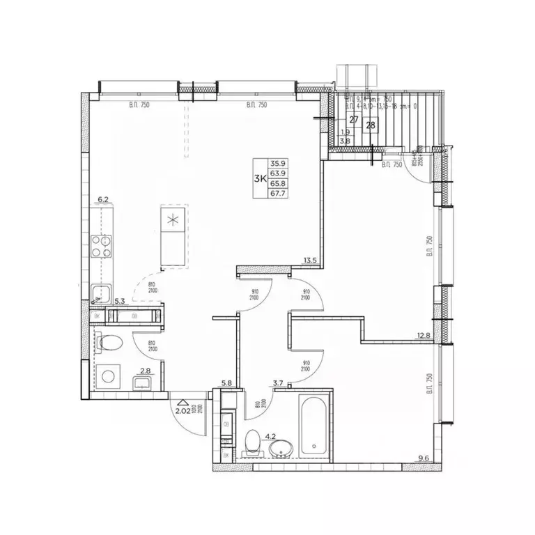 3-к кв. Приморский край, Владивосток ул. Расула Гамзатова, 7к1 (67.7 ... - Фото 1