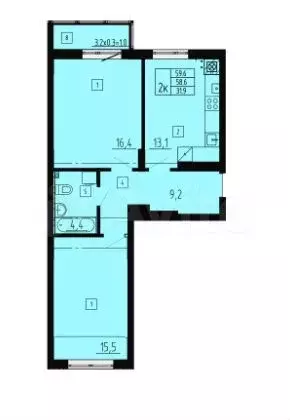 2-к. квартира, 59,6 м, 2/8 эт. - Фото 1