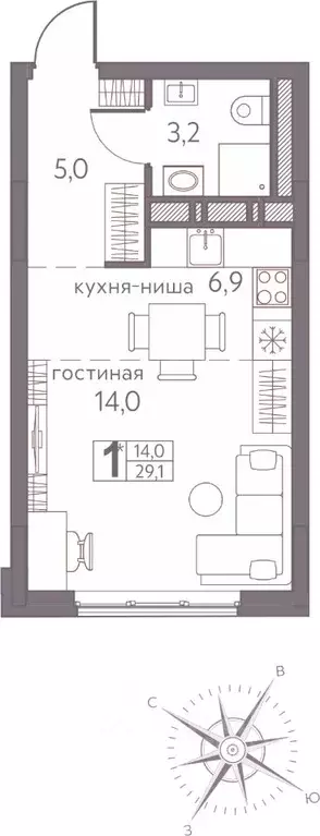 Студия Пермский край, Пермь ул. Серебристая, 3А (29.1 м) - Фото 1