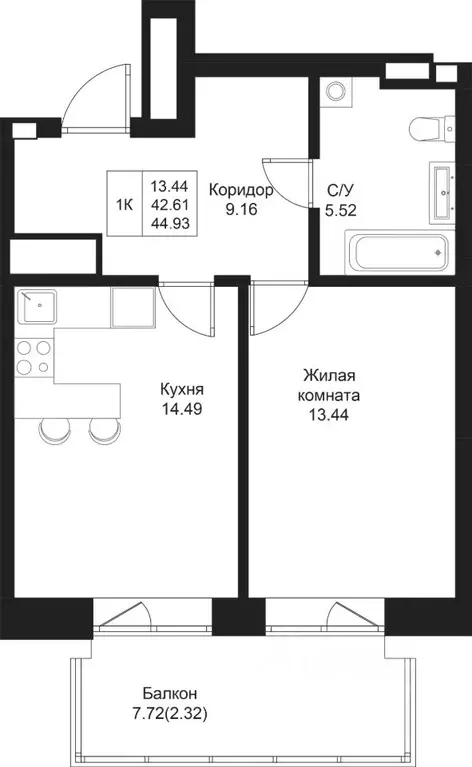 1-к кв. Татарстан, Казань Дом на Исхаки жилой комплекс (44.93 м) - Фото 0