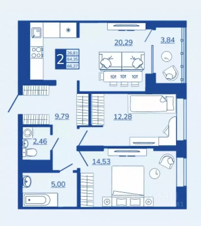 2-к кв. Брянская область, Брянск Новый Город жилой комплекс (66.27 м) - Фото 1