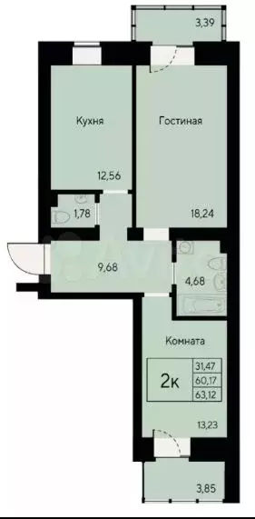 2-к. квартира, 63,1м, 8/8эт. - Фото 1