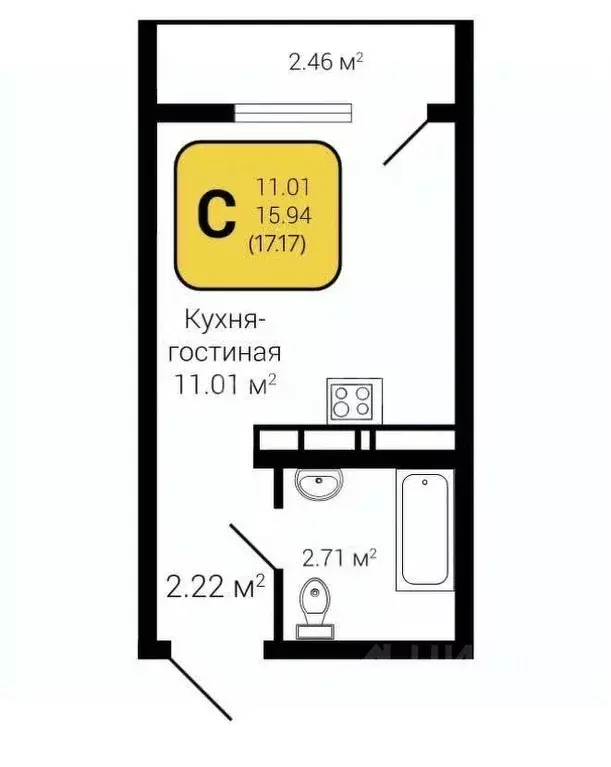 Студия Воронежская область, Воронеж Подгорное мкр,  (17.17 м) - Фото 0