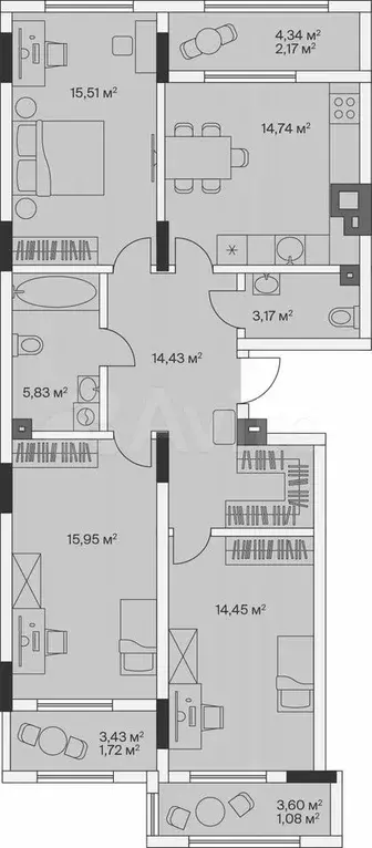3-к. квартира, 89,1 м, 1/7 эт. - Фото 1