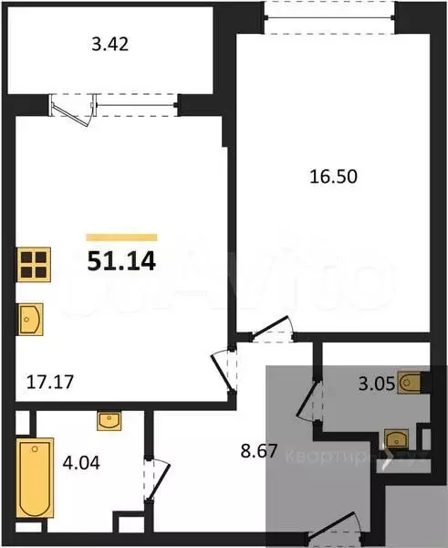 1-к. квартира, 51,1 м, 5/25 эт. - Фото 0