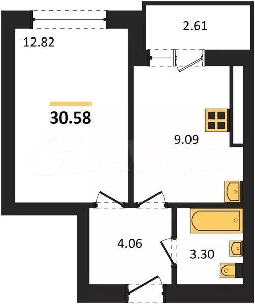 1-к. квартира, 30,6 м, 7/9 эт. - Фото 1