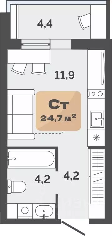 Студия Тюменская область, Тюмень ул. Республики, 204к20 (22.5 м) - Фото 0